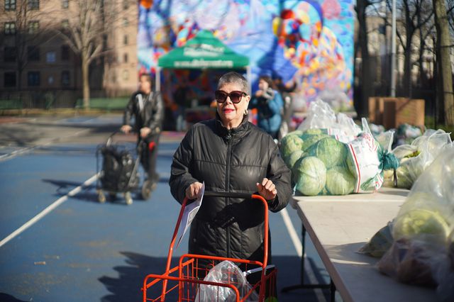 A woman with a pushcart walks away from the City Harvest stand in Bedford-Stuyvesant Brooklyn.